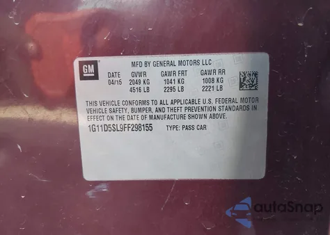 2015 Chevrolet Malibu 2Lt from USA, damaged, VIN 1G11D5SL9FF298155